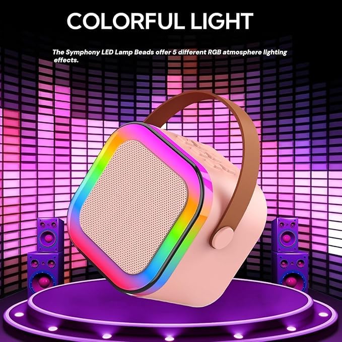 Image of Pink Portable Bluetooth Speaker with Wireless Mic, RGB LED Party Light, Heavy Bass Karaoke Speaker, Rechargeable Battery, Portable Handle, Wireless Mic for Kids & Adults, Home & Outdoor Party