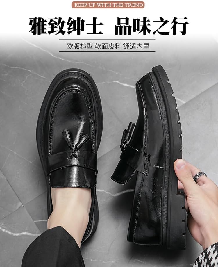 Men's Leather Tassel Platform Slip on Loafers Luxury Round Toe Lug Sole Non-Slip Dress Shoes Casual Low Block Heel Business Work Office Shoes - Image 6