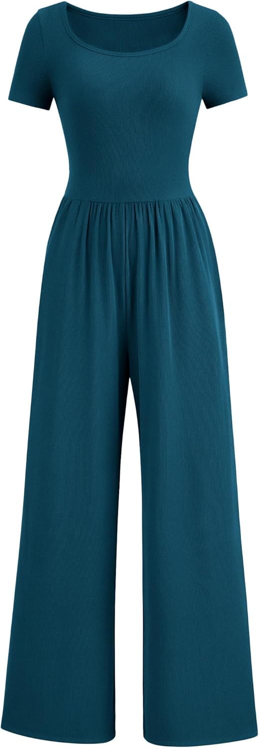 PRETTYGARDEN Women's Summer One Piece Jumpsuits Dressy Casual Short Sleeve Square Neck Wide Leg Rompers Travel Outfit Clothes