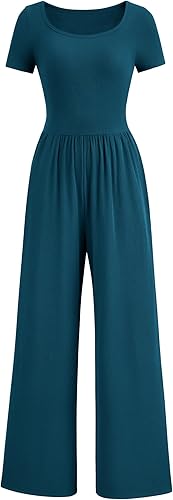 PRETTYGARDEN Women's Summer One Piece Jumpsuits Dressy Casual Short Sleeve Square Neck Wide Leg Jumpsuit Rompers
