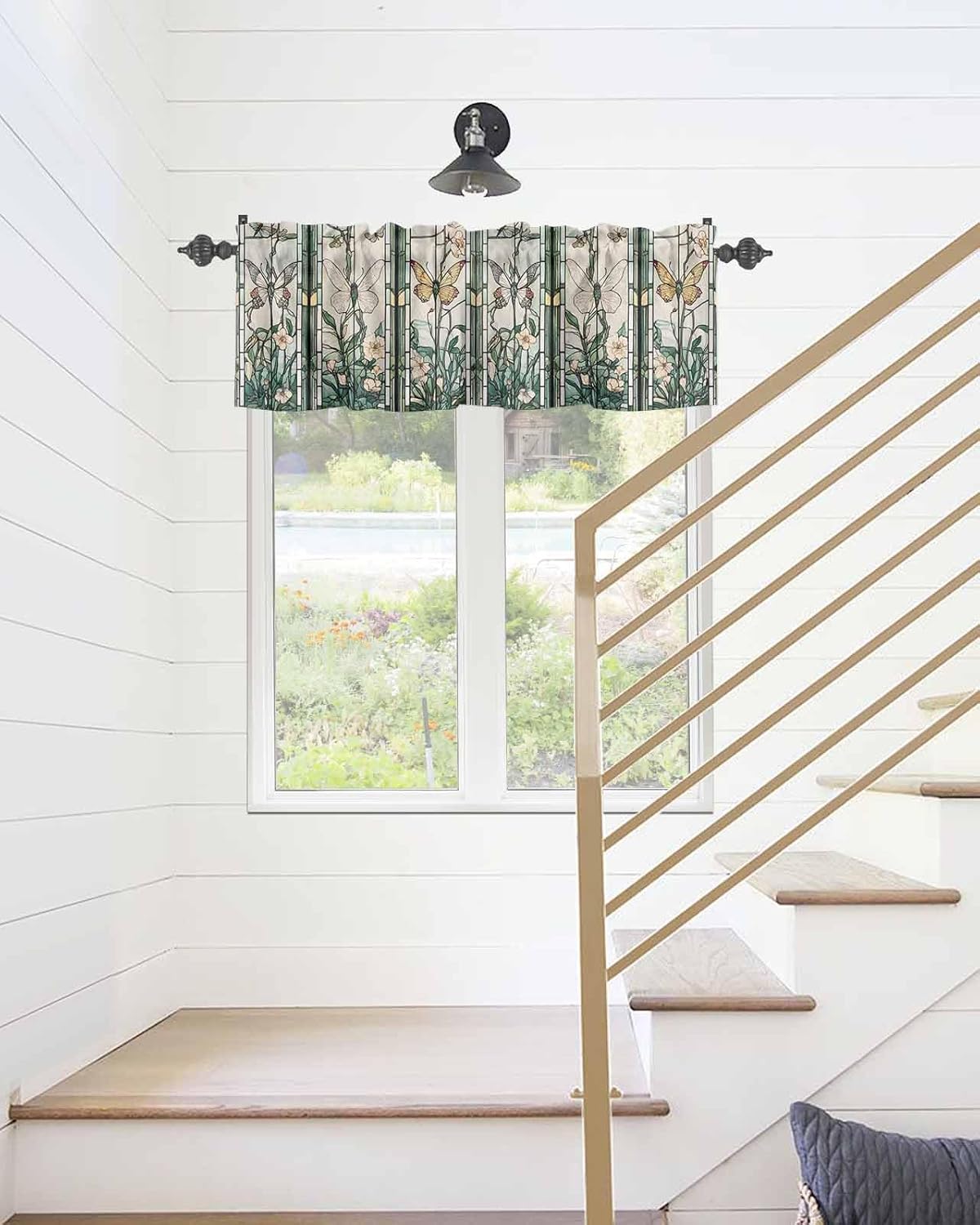 Floral Kitchen Cafe Valance Curtain for Small Windows,Retro Paper-cut Flower Rod Pocket Short Blackout Curtains,Butterfly Garden Art Darkening Window Treatment for Living Room Bedroom Bathroom