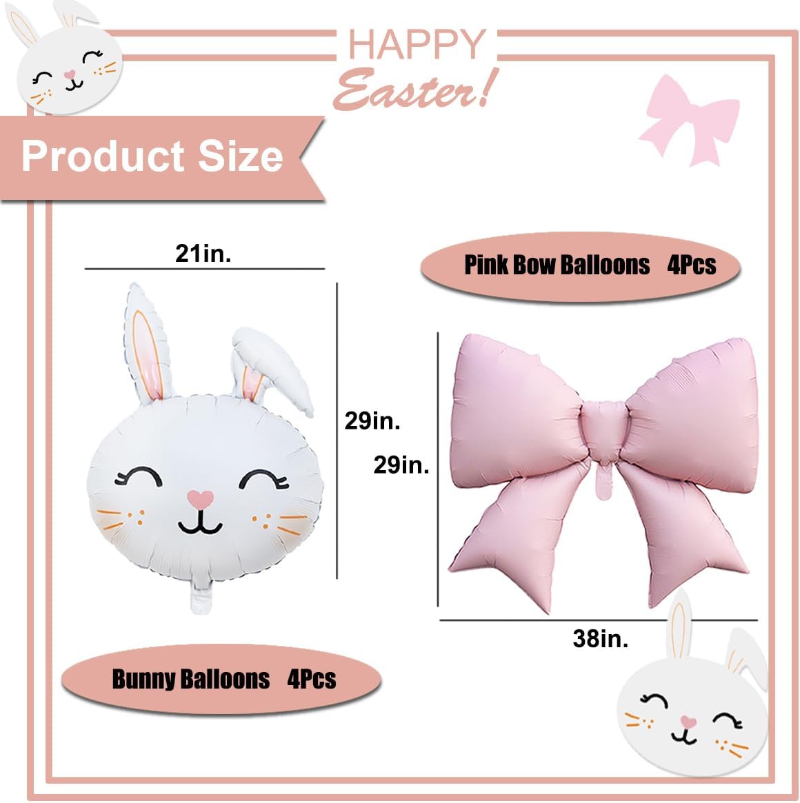 Bunny Balloons Pink Bow Balloons for Easter Party Decorations (8Pcs Bunny Pink Bow)