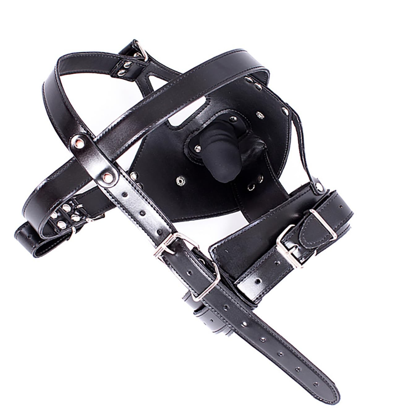 Noir Masque de tête en cuir PU avec harnais et bâillon amovible pour pénis Masque de tête à capuche BDSM Restraint Gode bâillon en silicone Sexuel pour Hommes Femmes Couple (Long 10cm)