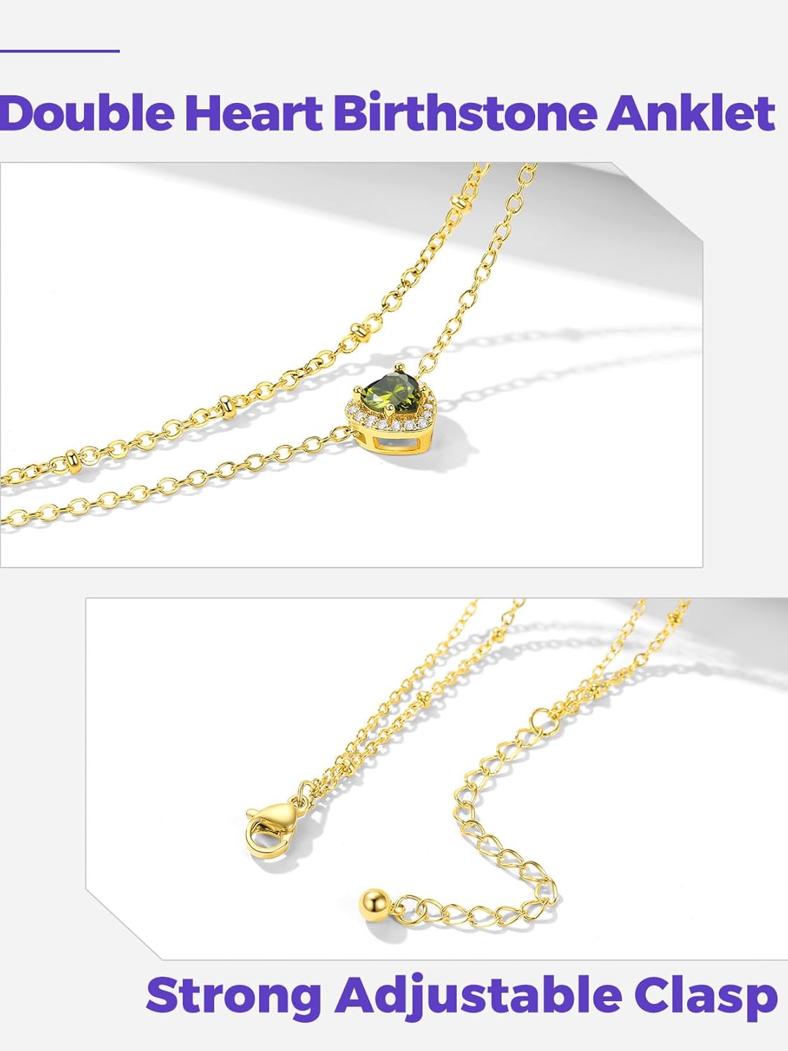 Richsteel Double Layer Heart/Butterfly Birthstone Anklet for Women Non Tarnish Waterproof, Silver/Gold/Black Stainless Steel 8.5-10.5 Inch Adjustable Chain Anklets Jewelry Gifts for Her - Image 6