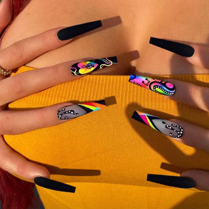 VOTACOS Press on Nails Long Coffin Fake Nails Black False Nails with Musical Note Design Glossy Stick on Nails for Women 518