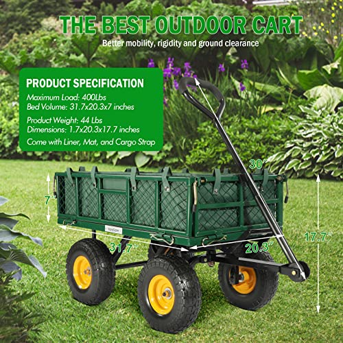 Yardsam Dump Garden Carts With Flat Free Tires, 400Lbs Heavy Duty Dumping Garden Wagons, With Removable Sides, Pullable Handle, 10In All-Terrain Wheels, Utility Liner, For Lawn Yard Farm, Green #TOP6