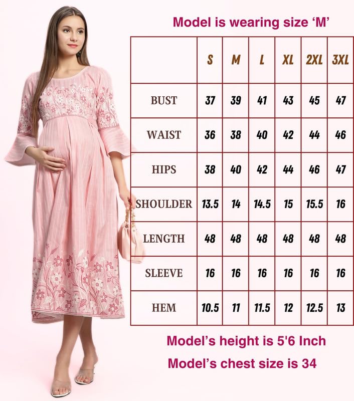 Image of DUMMY SHAPE Feeding Nighty | Maternity Dresses for Women Cotton Blend | Floral Pink Anarkali Kurta with Dual Nursing Zippers for Pregnancy & Breastfeeding | Gifts for Pregnant Women (