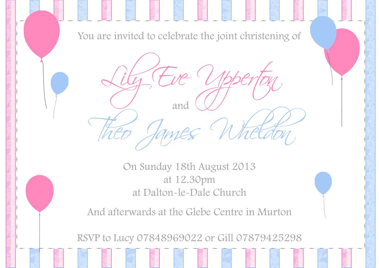 Balloons Stripes Personalised Childrens Christening Naming Ceremony Confirmation Day Baptism Invitations Printed Invites Boy Girl Joint Party Twins Unisex Photo Card 5 10 20 30 40 50 60 70 80 90 100