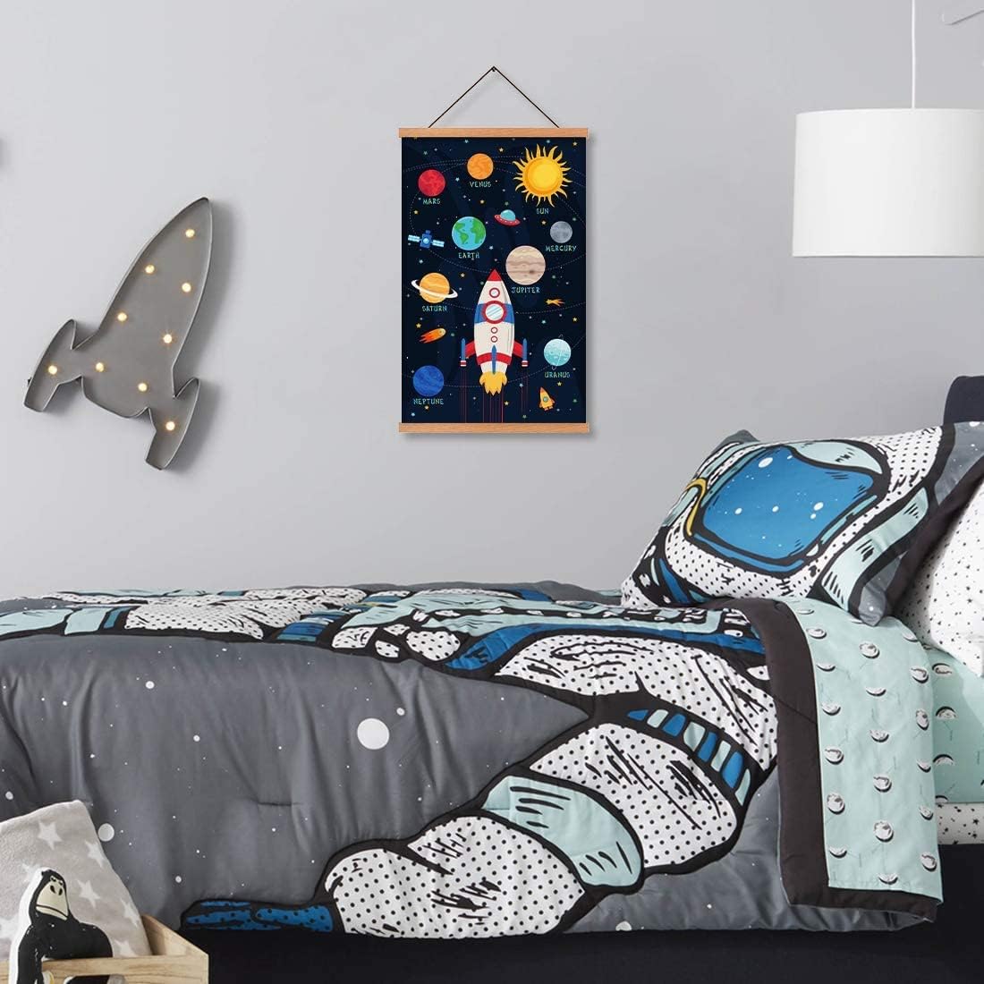 CHDITB Outer Space Art Print,Cartoon Planet Magnetic Natural Wood Hanger Frame Poster,Canvas Colorful Painting 28X45cm Wall Hanging Art Print for Kids Room Nursery Classroom Decor image 2
