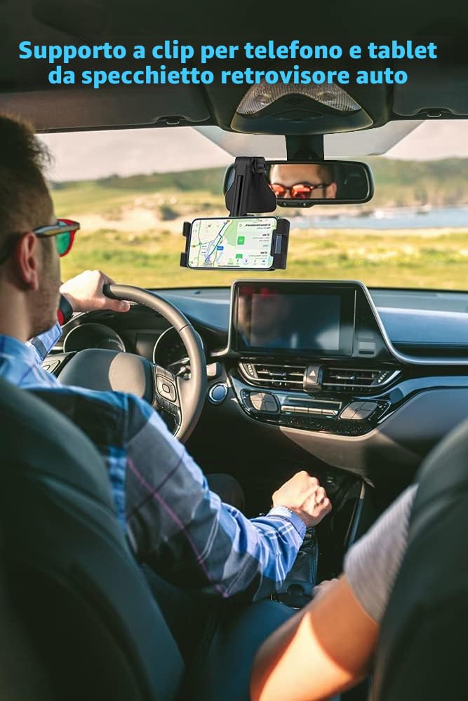 Porta Telefono Auto con Clip a Molla Regolabile 360° | Supporto Tablet Cellulare per Auto Cruscotto, Specchietto Retrovisore, Visiera Parasole per iPhone, iPad, Pixel, da 4-11"