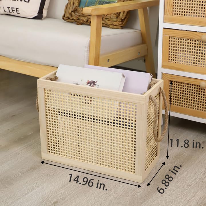 Cesta de almacenamiento de madera con asas de cuerda de yute, cesta de escalera, cesta de revista, cestas grandes de mimbre para almacenamiento, organización del hogar, lavandería (original) 5