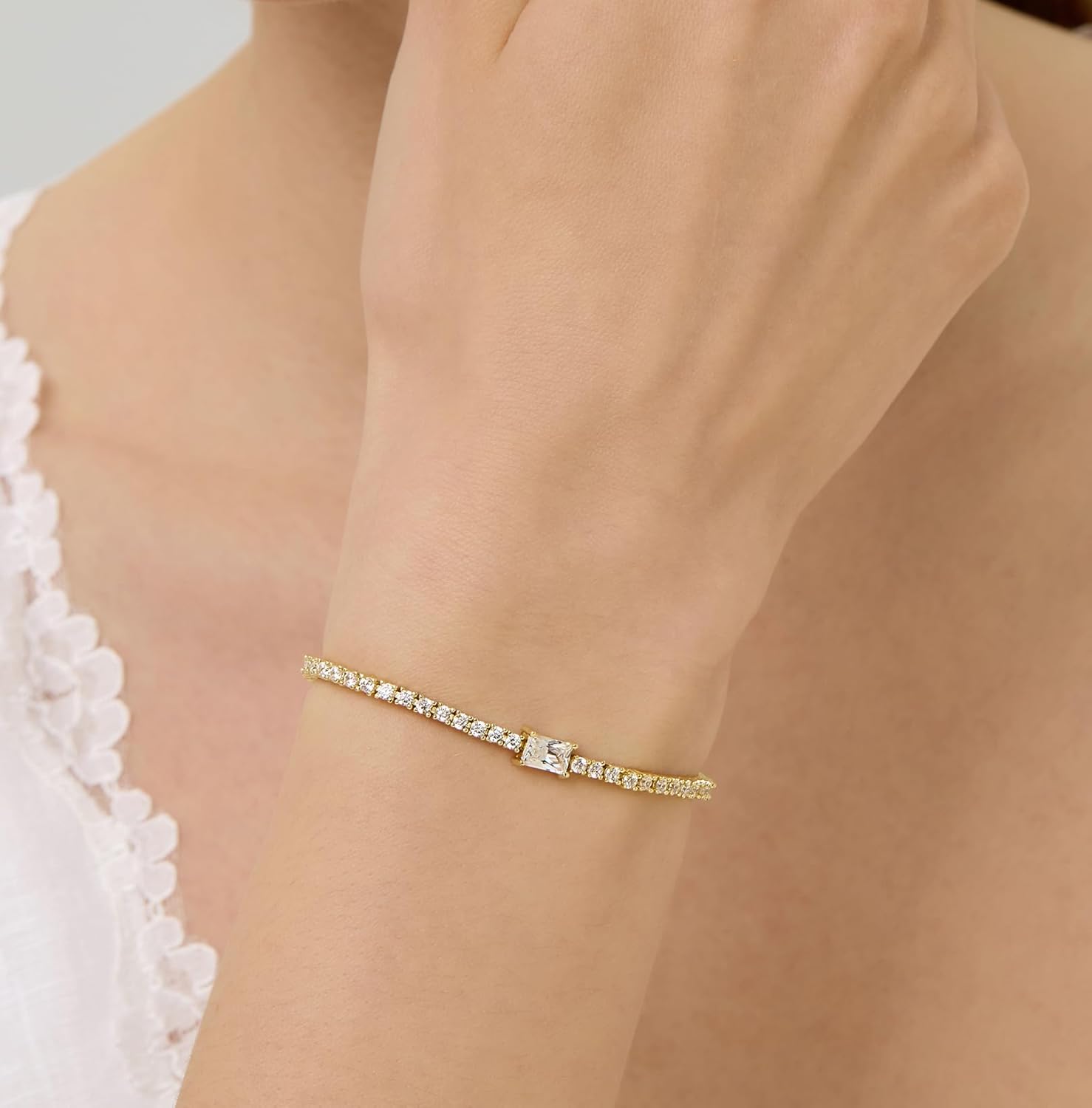 14K Gold Filled Tennis Bracelets for Women - Simulated Diamonds Bezel Gold Bracelet Cubic Zirconia Stones Baguette Cut Round Pear Heart Statement, Gift for Women - Image 2