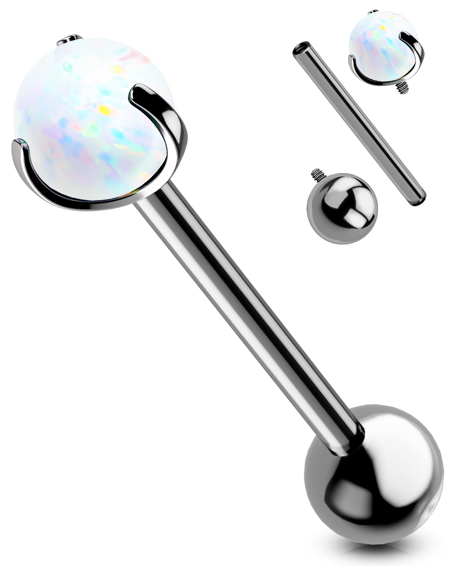 OUFER Body PiercingPiercing de lengua de hilo interno G23 de titanio sólido para piercing de lengua de ópalo blanco, barras de lengua de 14 G para mujeres y hombres