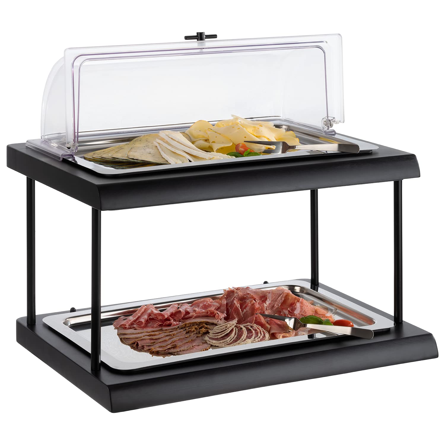 APS 11547 Buffet Vitrine Doppeldecker aus Buchenholz in schwarz mit Kunststoffwanne, 60 x 41 cm, H: 5 cm, inkl. GN 1/1 Tablett aus 18/10 Edelstahl und 2 Kühlakkus