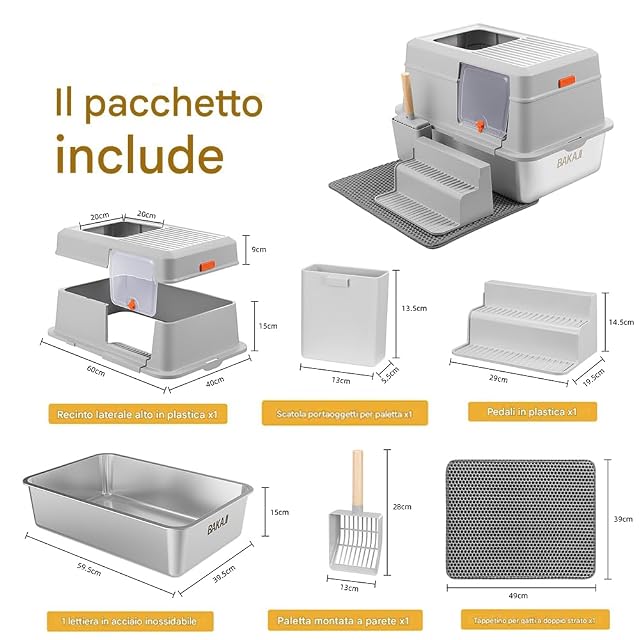 Foto 6 de 8 de BAKAJI Arenero para Gatos XXL con Base de Acero Inoxidable de 35 litros y Escalera antiarena