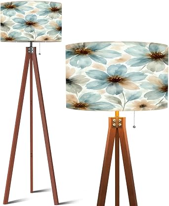 Wood Tripod Floor Lamp Autumn flowers seamless pattern abstract floral elements pastel tones Mid Century Standing Lamp Linen Shade Dimmable Modern Tall lamp Home Decor for Living Room Bedroom Office