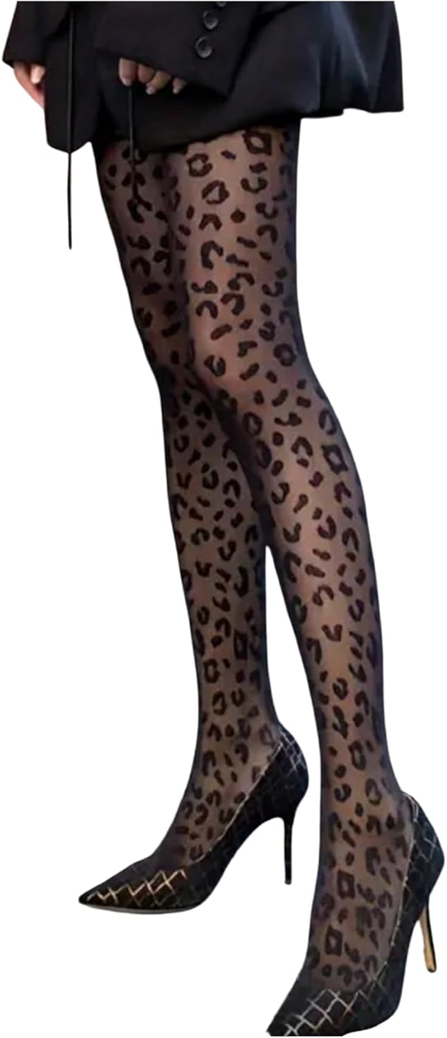 OYOANGLE Women's Leopard Print Tights Sheer Mesh Pantyhose High Waisted Party Rave Club Cheetah Stockings