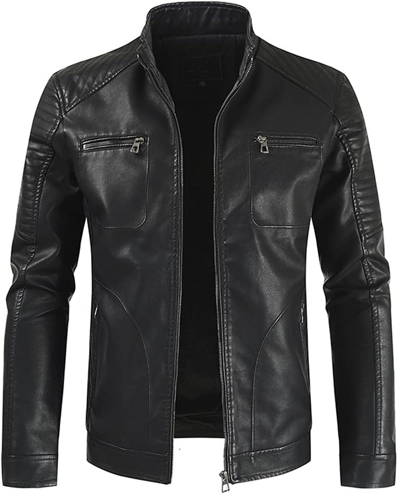 Men Spring Vintage Casual Fleece Leather Jackets Coat Fashion Motor Bike Faux Leather Jacket Outwear
