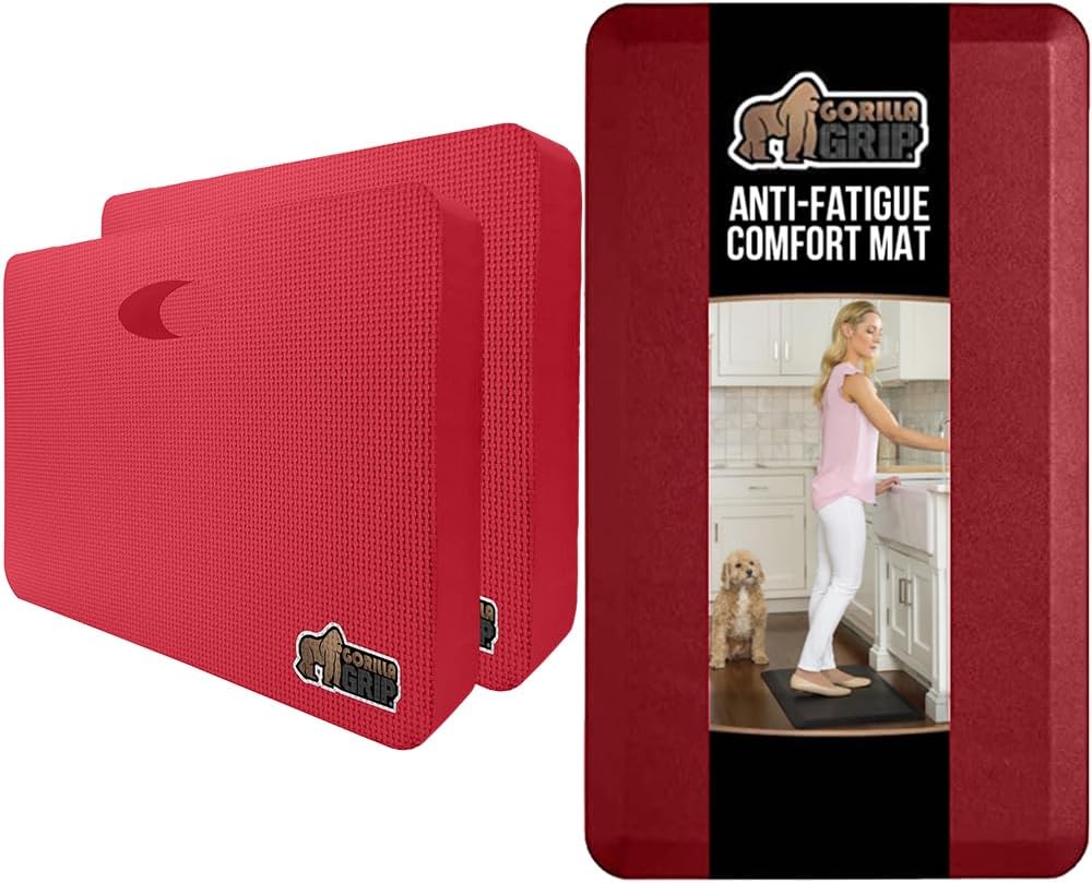 GORILLA GRIP Kneeling Pad and Kitchen Floor Mat, Thick Kneeling Pad in 17.5x11 Inch Water Resistant, Kitchen Floor Mats in 17" x 24" x 3/4" Inch Waterproof, Both in Red, 2 Item Bundle