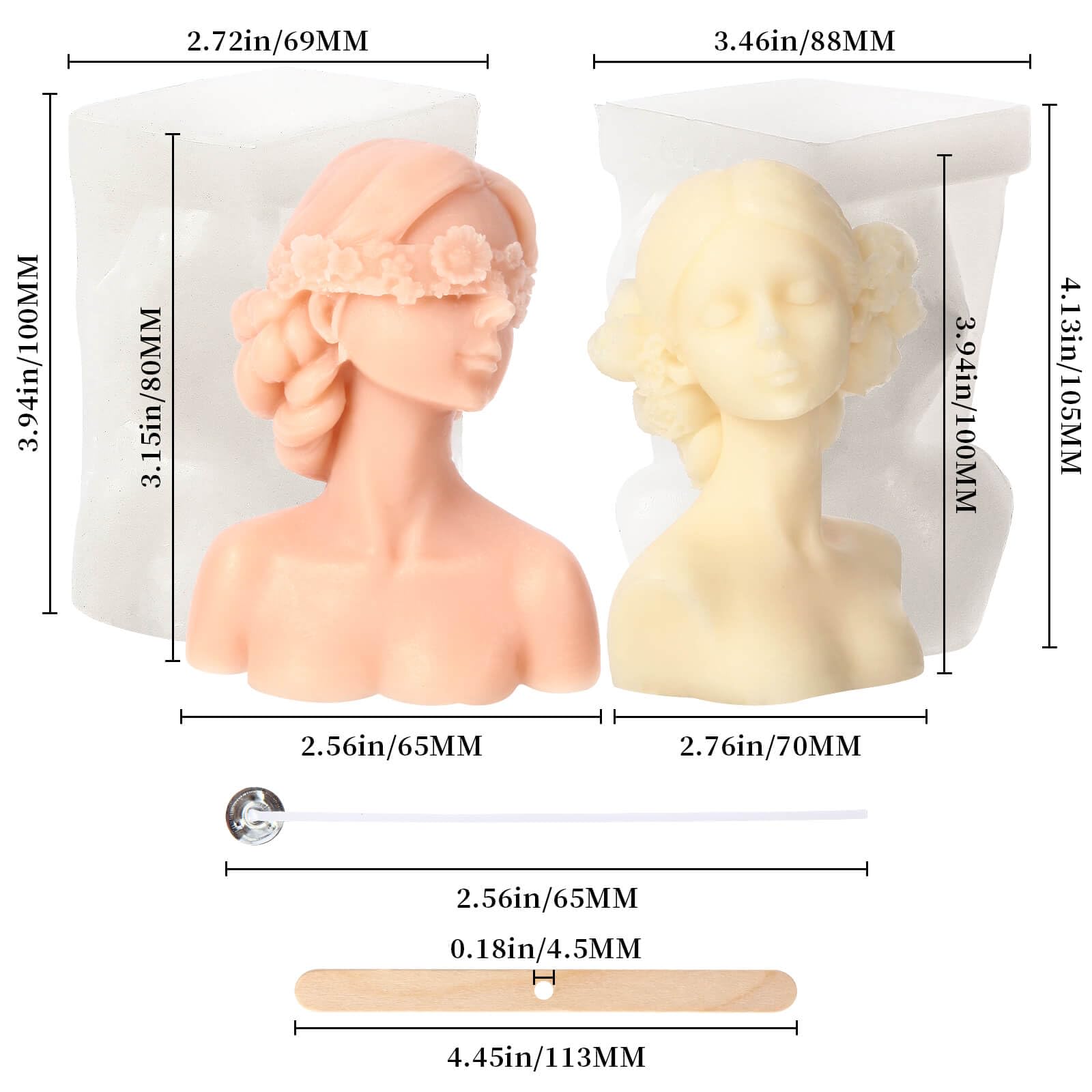 2Pcs 3D Girl Portrait Silicone Candle Molds Eyes Closed Blindfolded Girl Braid Women Body Sculpture Wax Resin Mold Aromatherapy Plaster Decoration Soap Candle Making Supplies