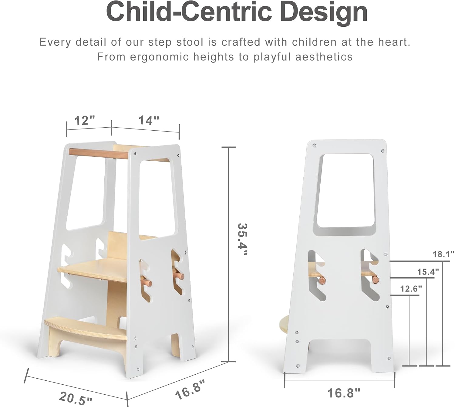 Baby Montessori-Inspired Adjustable Height Kitchen Step Stool Helper, Toddler Standing Tower for Exploration and Growth - Stable Trapezoid Design (White)
