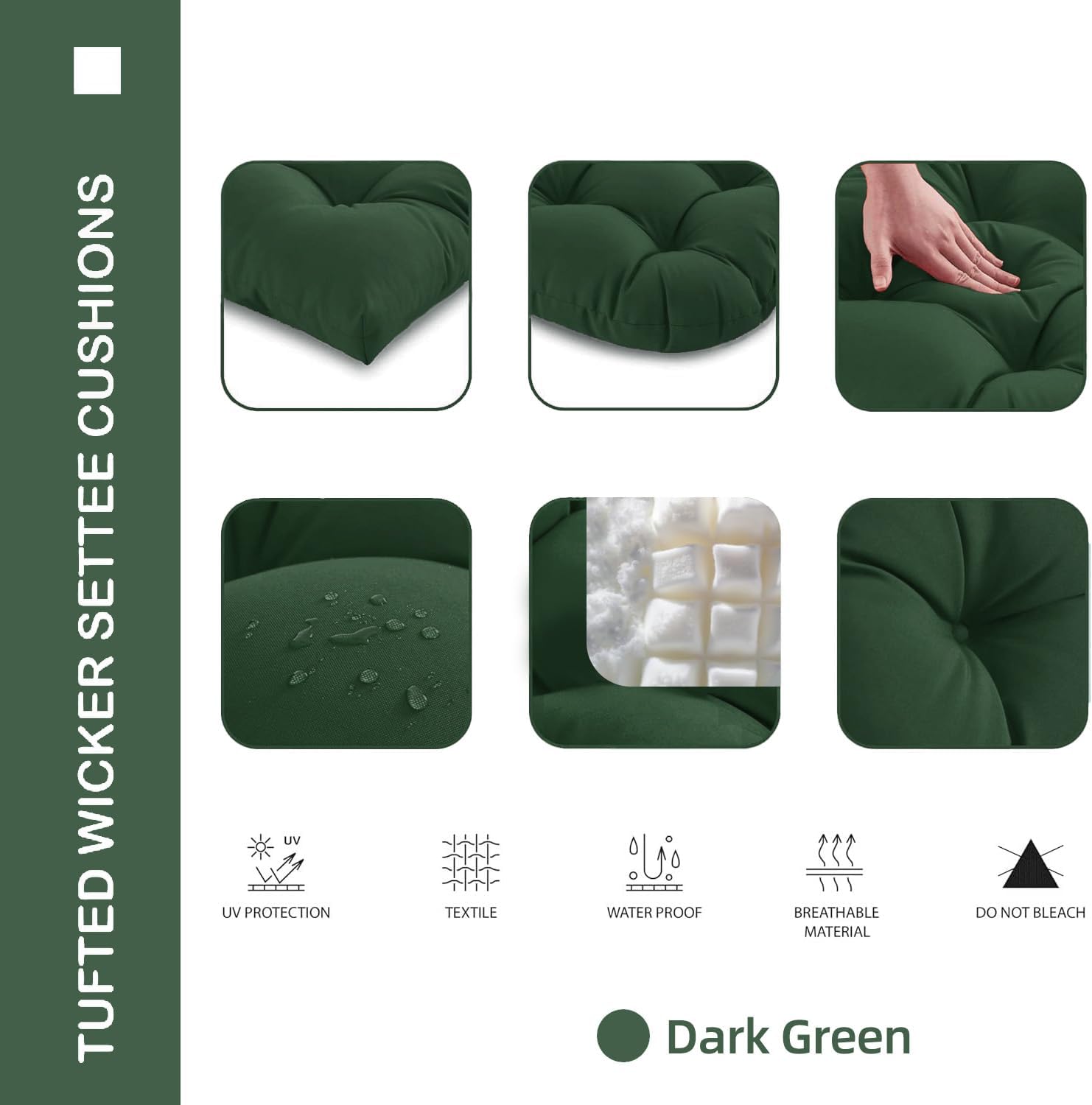 Outdoor Chair Cushions Set of 2, 22x22x4 Inch Seat Pads with Ties for Patio Wicker Chairs Garden Dining Chair, Indoor Outside Use, Fade-Resistant & Waterproof, Dark Green