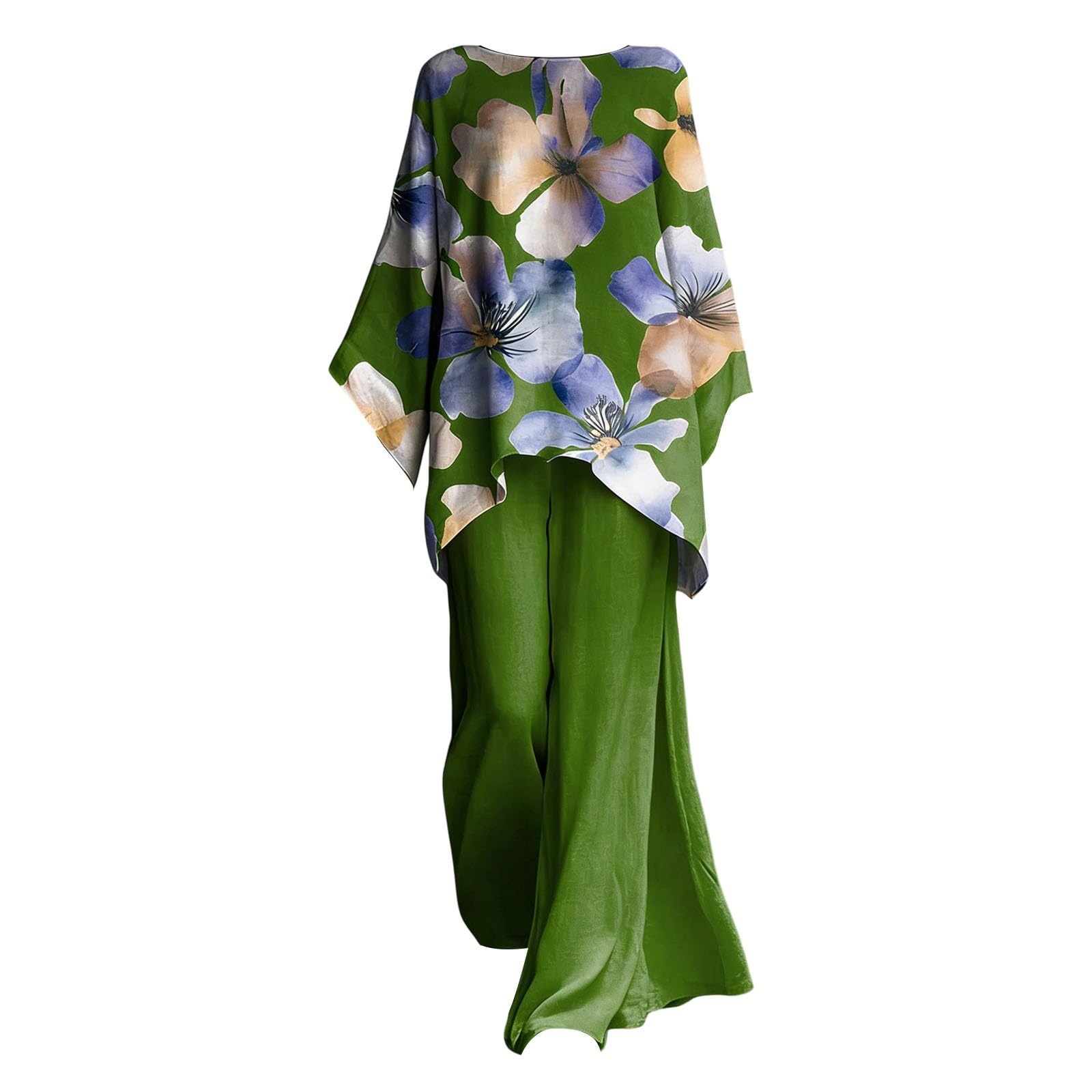 Ensemble 2 Pièces Femme en Coton et Lin Style Ethnique Bohème, Blouse Haut Ample Manches Chauve‑Souris et Pantalon Large Jambes Fluide Évasées, Tenue Ensembles Bohème Chic pour Été Vacances Plage
