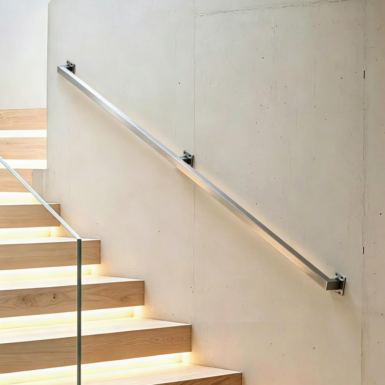 Wall Mounted Stair Handrails | Modern Stainless Steel Banister for Indoor Outdoor Steps | Non-Slip Square Pipe Hand Rail for Loft, Porch, Garage & Deck - Silver(16ft/4.8m)