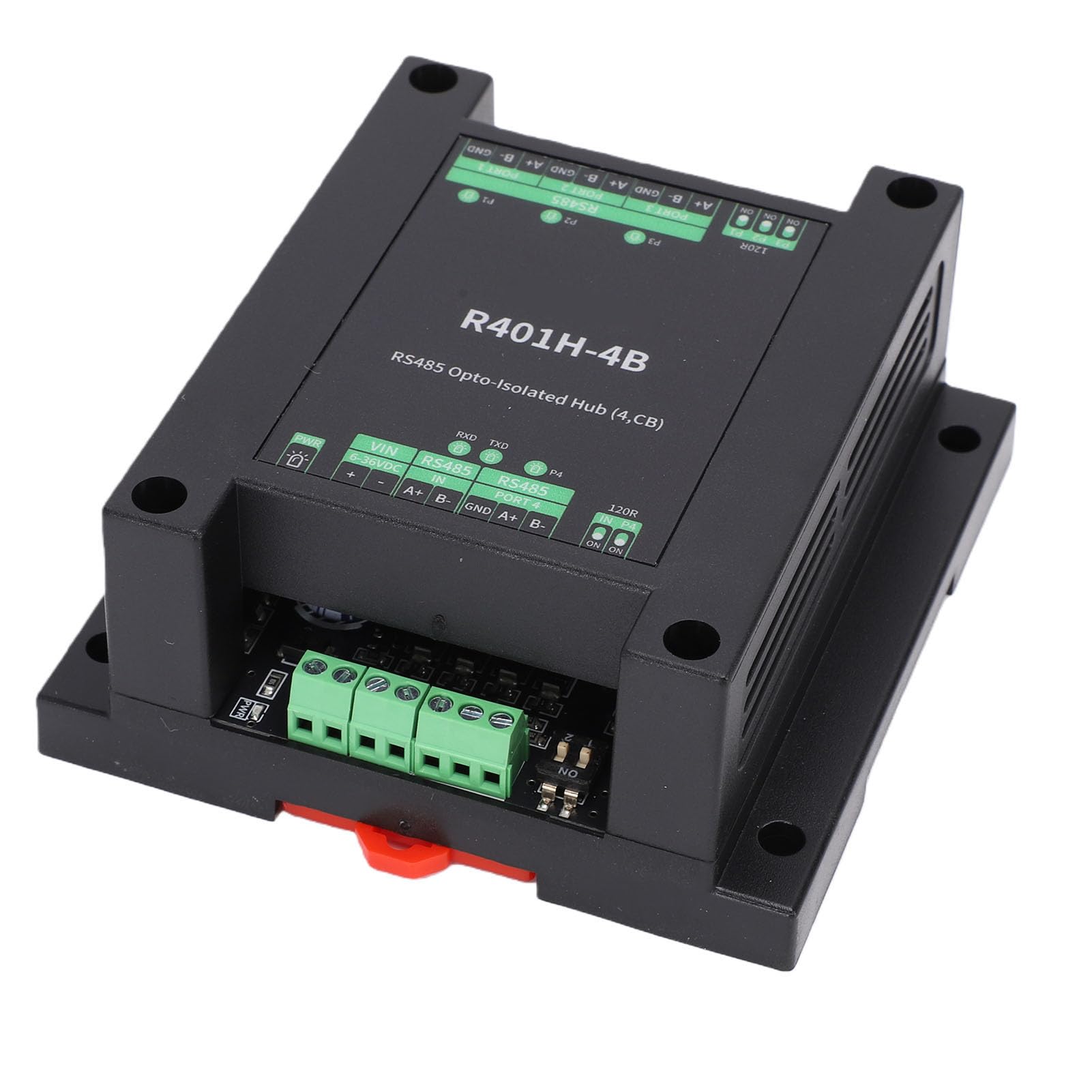 Sxhlseller Hub 485 Optoisolato Trasferimento Trasparente Half Duplex a 4 Porte, Montaggio su Guida DIN Hub 485 con Alimentazione e Isolamento Ottico, 32 Nodi per Porta, velocità di Trasmissione 1Mbps,
