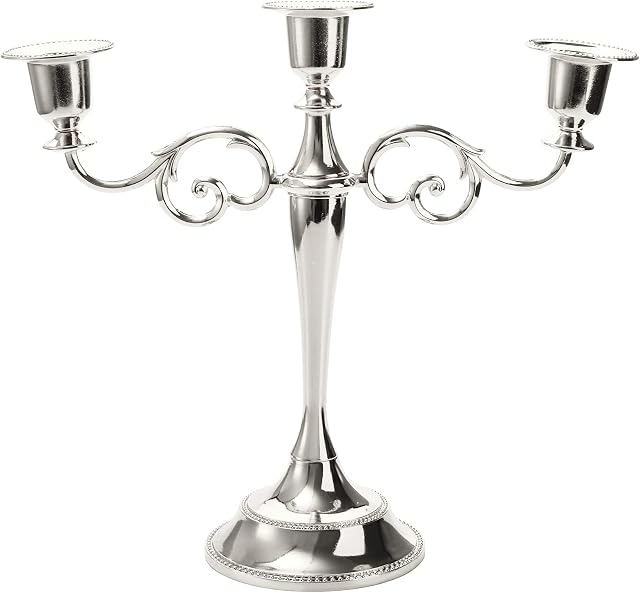 YOUEON 10In Metal Candle Holder with 3 Arms Candelabra Centrepiece Silver Candelabra Candle Holder Candlestick Holder for 1 In Diameter Pillar Candles Antique Candle Stand for Wedding Party Home Decor