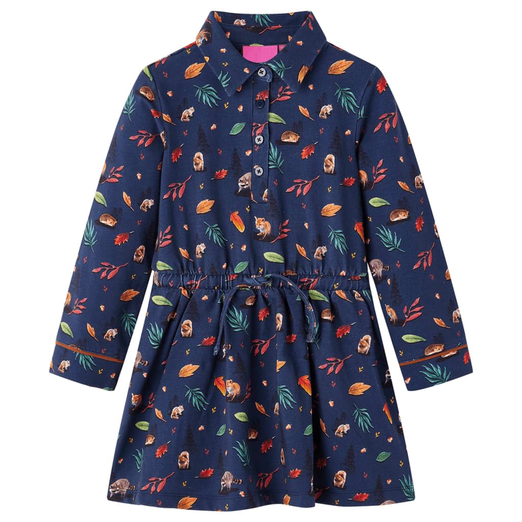Vestido infantil de manga larga azul marino para niñas, vestido de fiesta con estampado de hojas, algodón elastano, cómodo, transpirable, adecuado para guardería, cumpleaños, fiesta