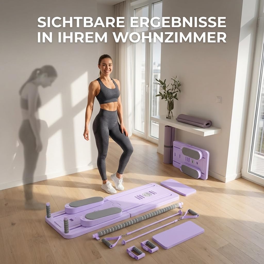 Pilates Board Set für zuhause - Faltbarer Reformer Pilates Maschine, Mini Pilates Reformer Board, Reformer für Pilates Premium - inkl. Timer, Widerstandsbänder, Griffe