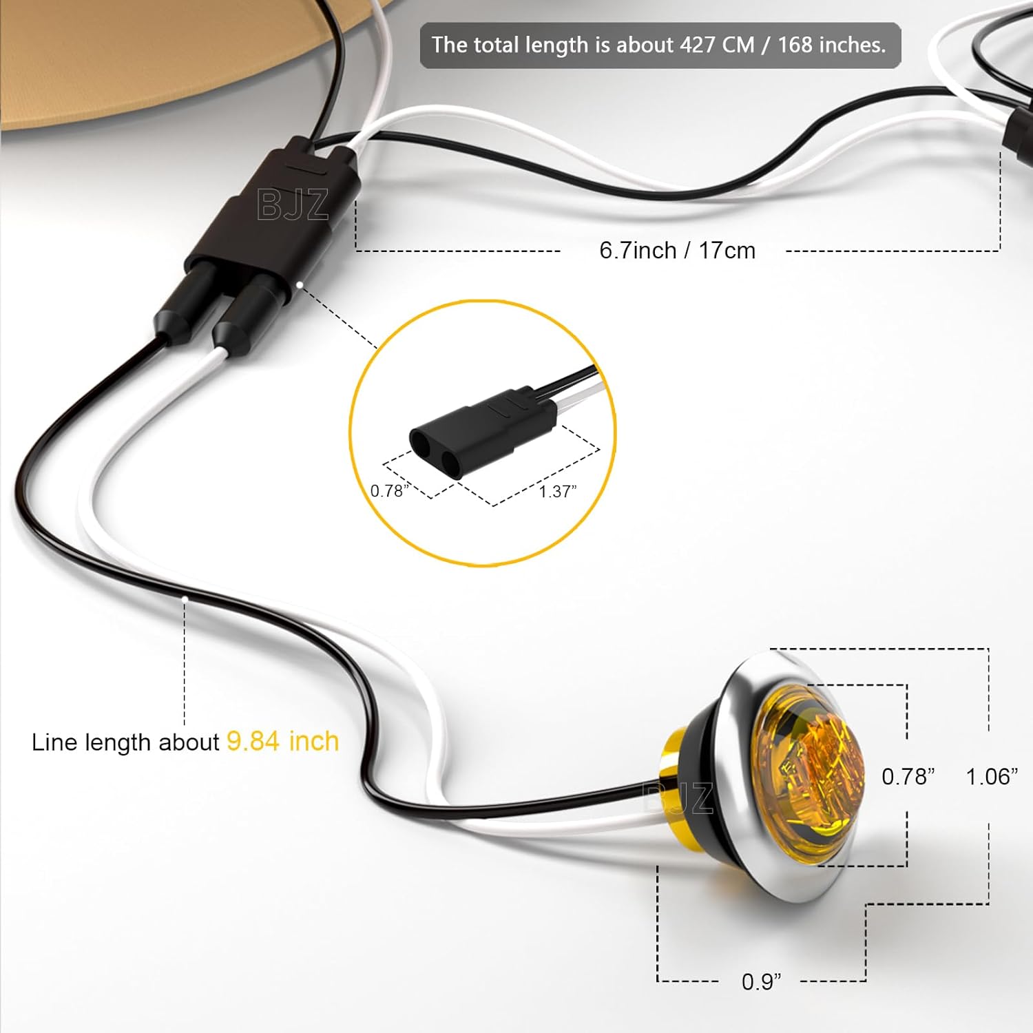 BJZ 20Pcs Amber 3/4'' Trailer LED Marker Side Clearance Tail Round Lights w/Connector Plug + 20Pcs 3/4" Round Stainless Steel Trim Ring Bezels + 20 Counts 2-PIN Female Bullet Plug Wire Harness Roll