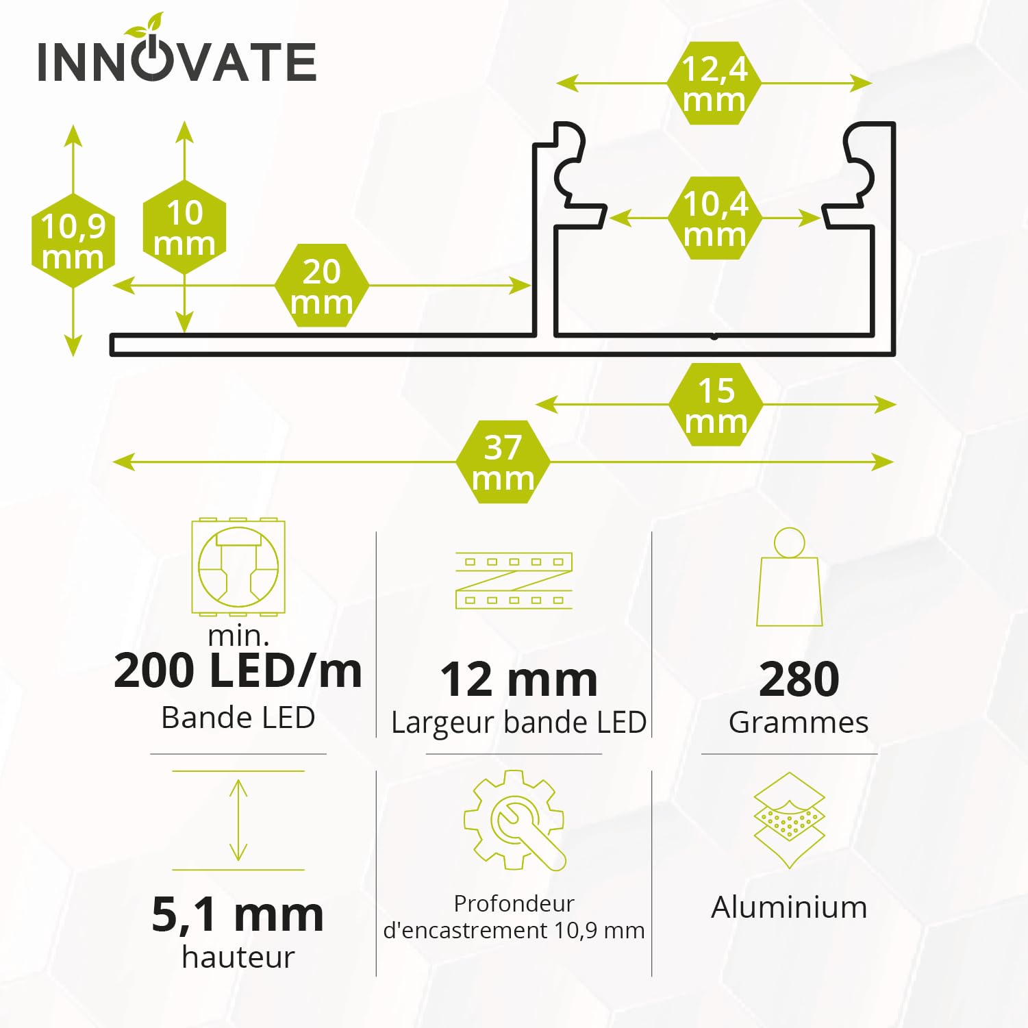 INNOVATE Profilé en aluminium pour bande LED Carrelage avec Diffuseur | Profile aluminium LED Carrelage Lumières LED chambre cuisine couloir lampes LED pour chambre profilés en aluminium