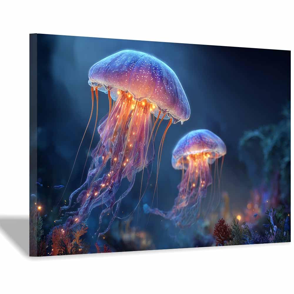 HUYEEI marine animals Canvas Wall Art Jellyfishs drift Canvas Prints Posters Modern Artwork for Livings Room Bedroom Bathroom Home Office(blue)-60x90cm Framed