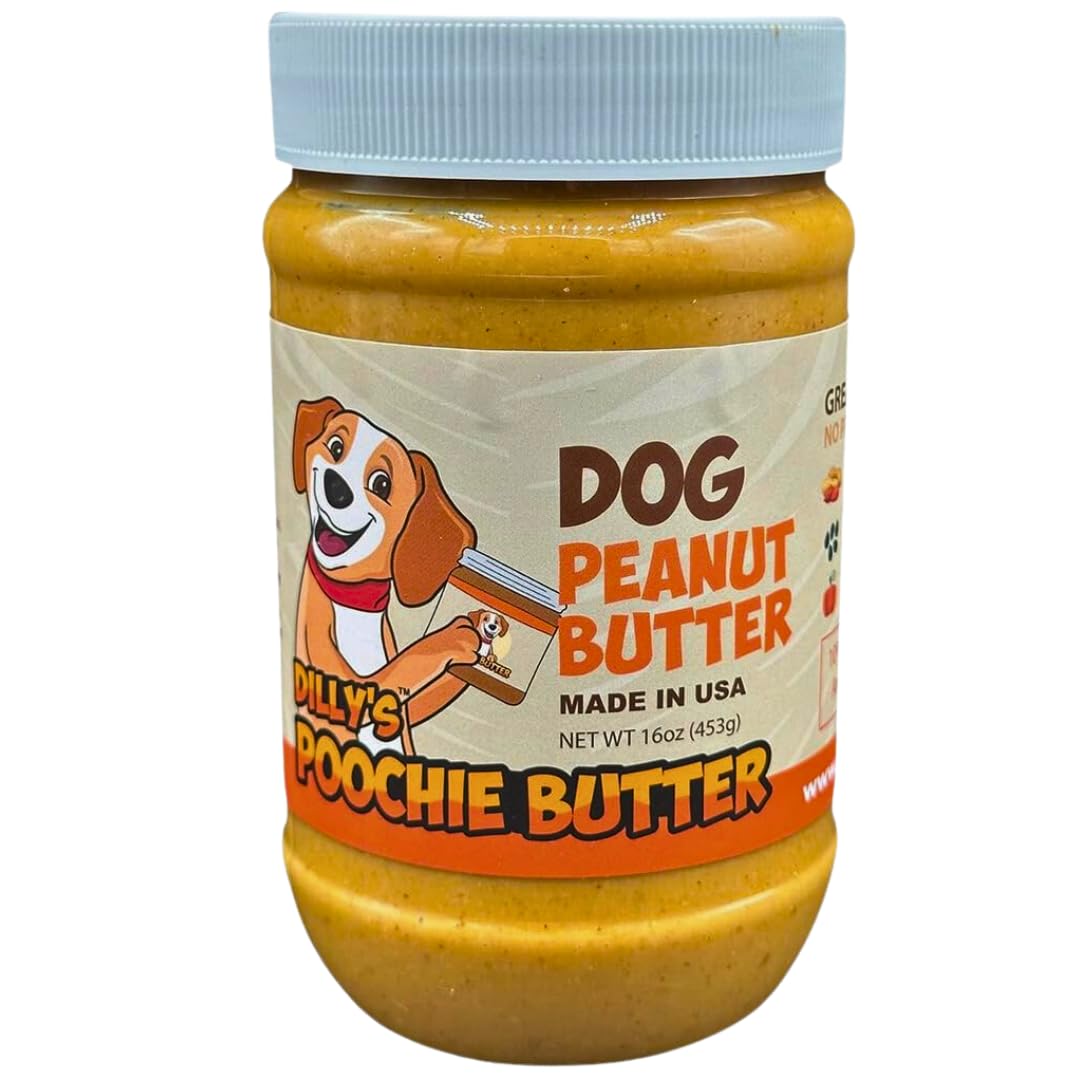 Poochie Butter Natural Dog Peanut Butter - Made in USA Healthy, Creamy Peanut Butter Spread for Lick Mats & Food Toppers - Dry-Roasted Peanuts Non-GMO No Sugar Added Dog Treats - 16 oz, 1 Pack