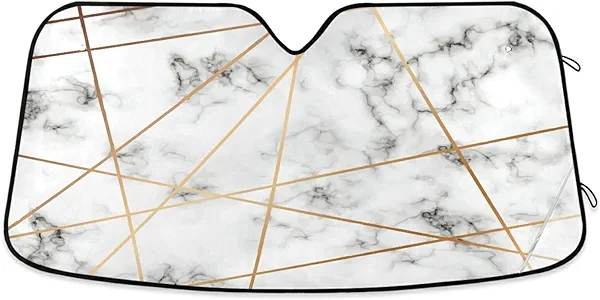 Black White Marble Car Sun Shade Golden Marbling Windshield Sun Shield UV Ray Protection Foldable Sun Visor for Front Window Blocks Automotive Interior Accessories 55 X 27.6 in