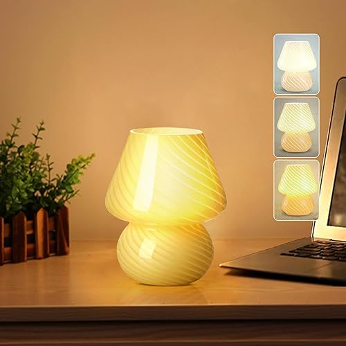 Lámpara de mesa de noche de cristal con hongos, lámpara de mesita de noche a rayas vintage amarilla, luz nocturna de atenuación continua de 3