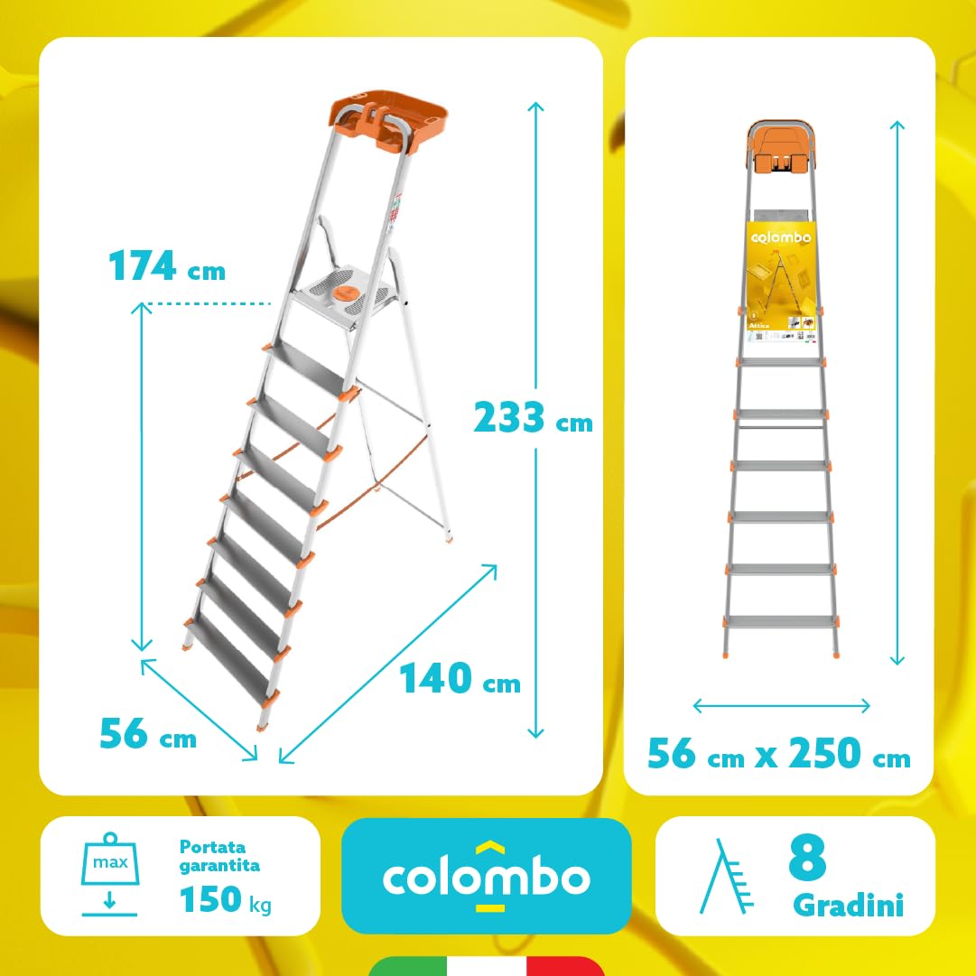 Colombo Scala Pieghevole Alluminio Attica 3/4/5/6/7/8 Gradini Senza Rivetti | Scala 8 Gradini Robusta con Piattaforma e Vaschetta Portautensili | Portata 150kg | Conforme EN131 TÜV-GS | Made in Italy