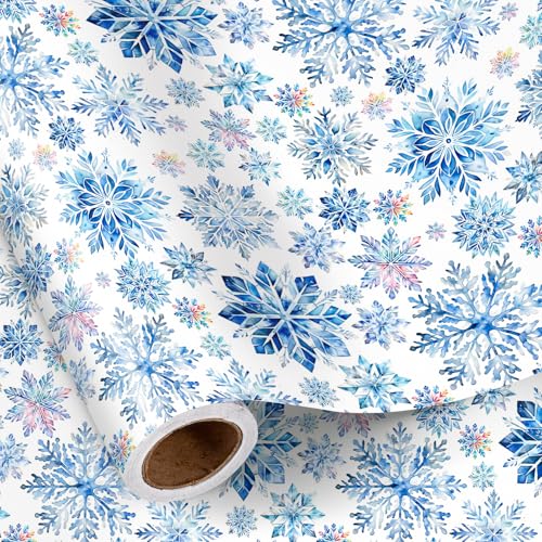 RUSPEPA Christmas Wrapping Paper Roll, Mini Roll, Watercolor Blue Snowflake Design, Elegant Winter Holiday Gift Wrap for Christmas, Frozen Party, Wedding, Hanukkah, l17 Inches x 16.4 Feet