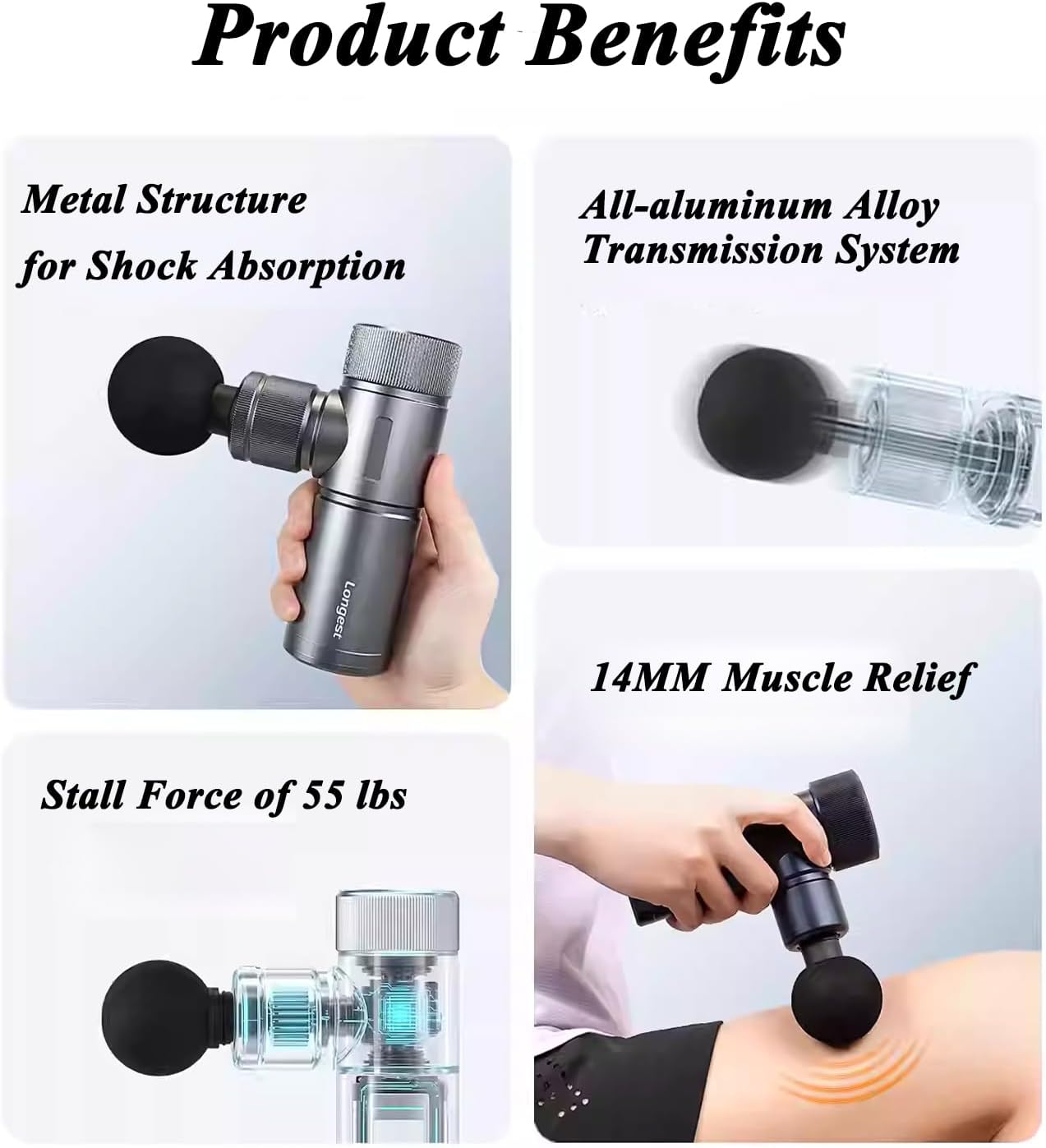 LONGEST Mini Deep Tissue Massage Gun, Percussion Handheld Muscle Gun for Pain Relief & Recovery, Cordless Travel Massager for Back Neck Shoulder with 4 Heads, Gift for Men Women Blue