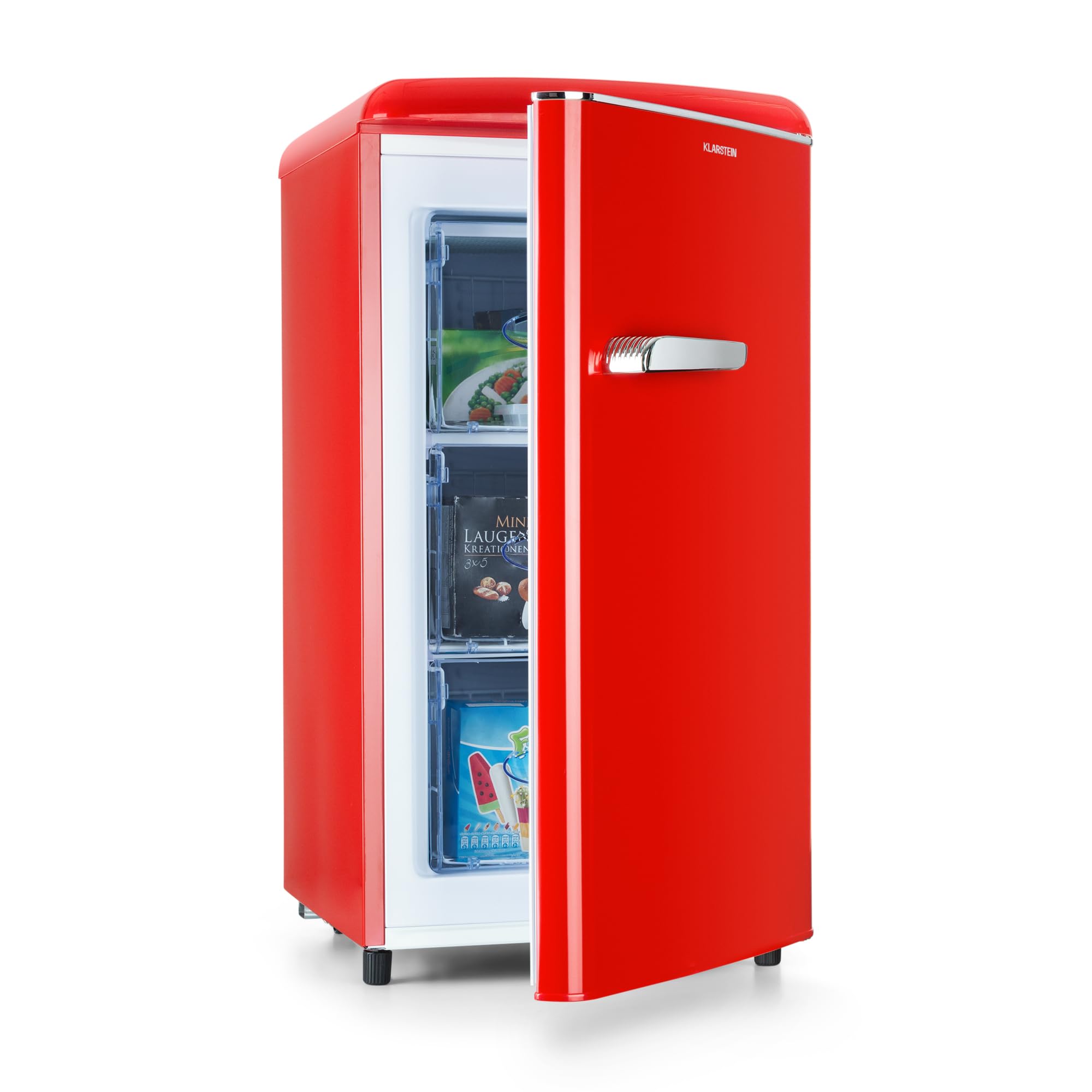 Klarstein Laika Gefrierschrank - 60 Liter Gesamtvolumen, Thermostat mit 5 Stufen, 0 bis -18 °C, 3 Einschübe, freistehend, Retro-Design, rot
