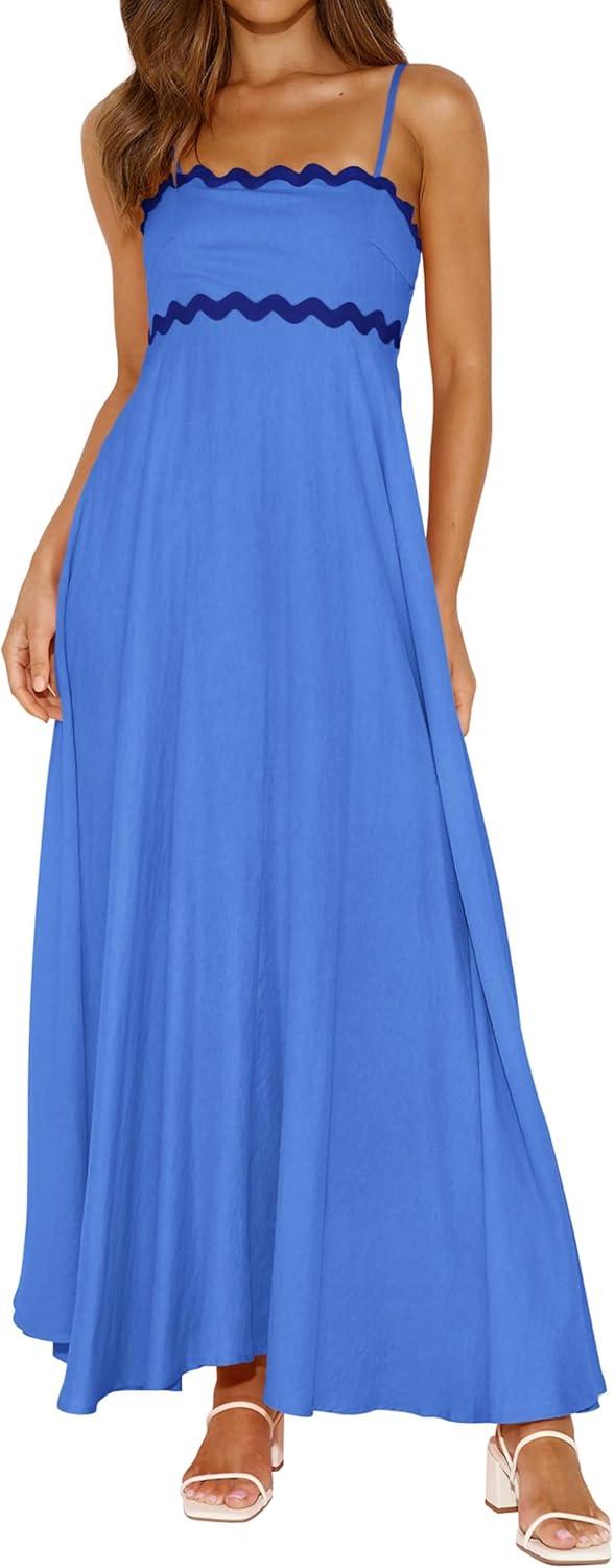 PRETTYGARDEN Womens Spaghetti Strap Maxi Dresses 2024 Summer Casual Sleeveless Smocked Boho A Line Long Flowy Beach Sundress Medium Blue