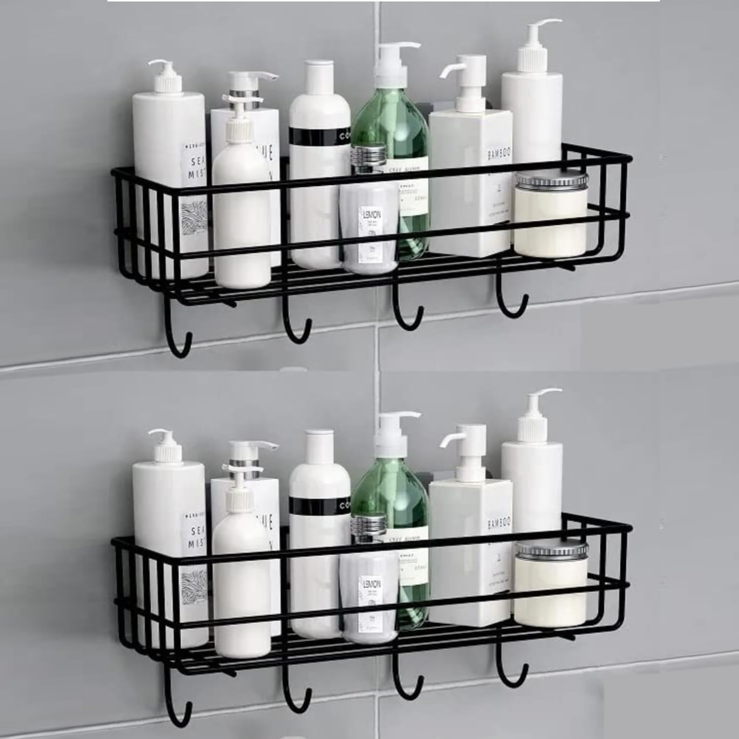 Gkart Wall Mounted Storage Shelf, Stainless Iron Coating, 4 Hooks, Self-Adhesive Installation, Black, (Pack of 2)