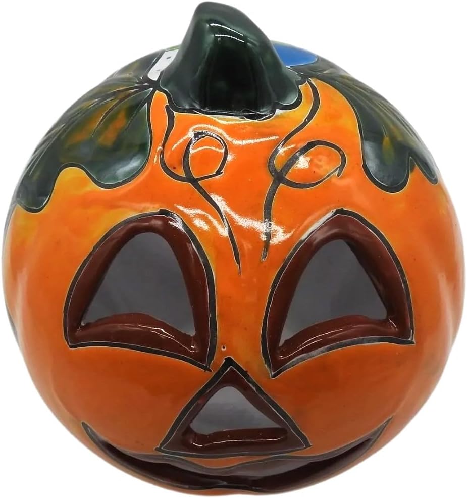 Happy Pumpkin Small Hand Painted Indoor Outdoor Jack O Lantern Multi Colored Figure Glazed