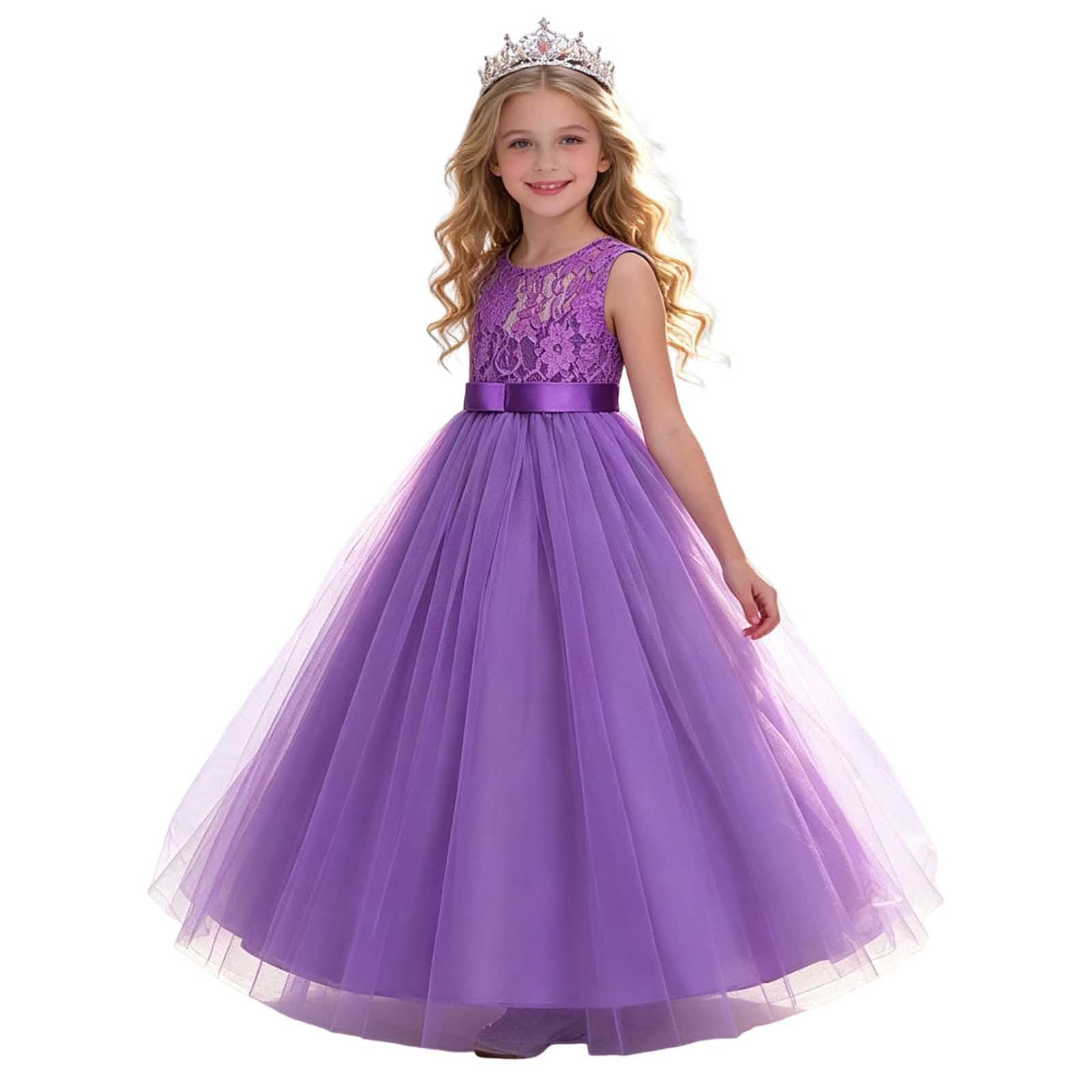 Girls Prom Dress Lace Bodice Tulle Maxi Dress Kids Sleeveless Satin Waist Princess Gown Elegant Style Fancy Dresses Wedding Pageant Birthday Party Formal Wear 11 Years Purple