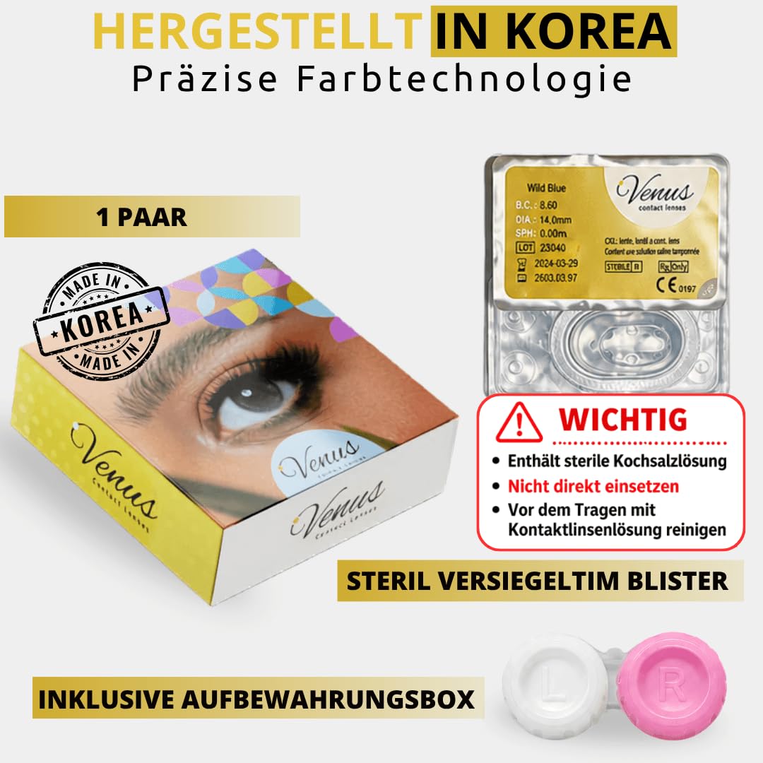 Venus® Blaue Kontaktlinsen Ohne Stärke - 0.00 Dioptrien - Weiche Jahreslinsen Blue Contact Lenses für Damen & Brillenträger - 1 Paar - 14 mm - Wild Blue