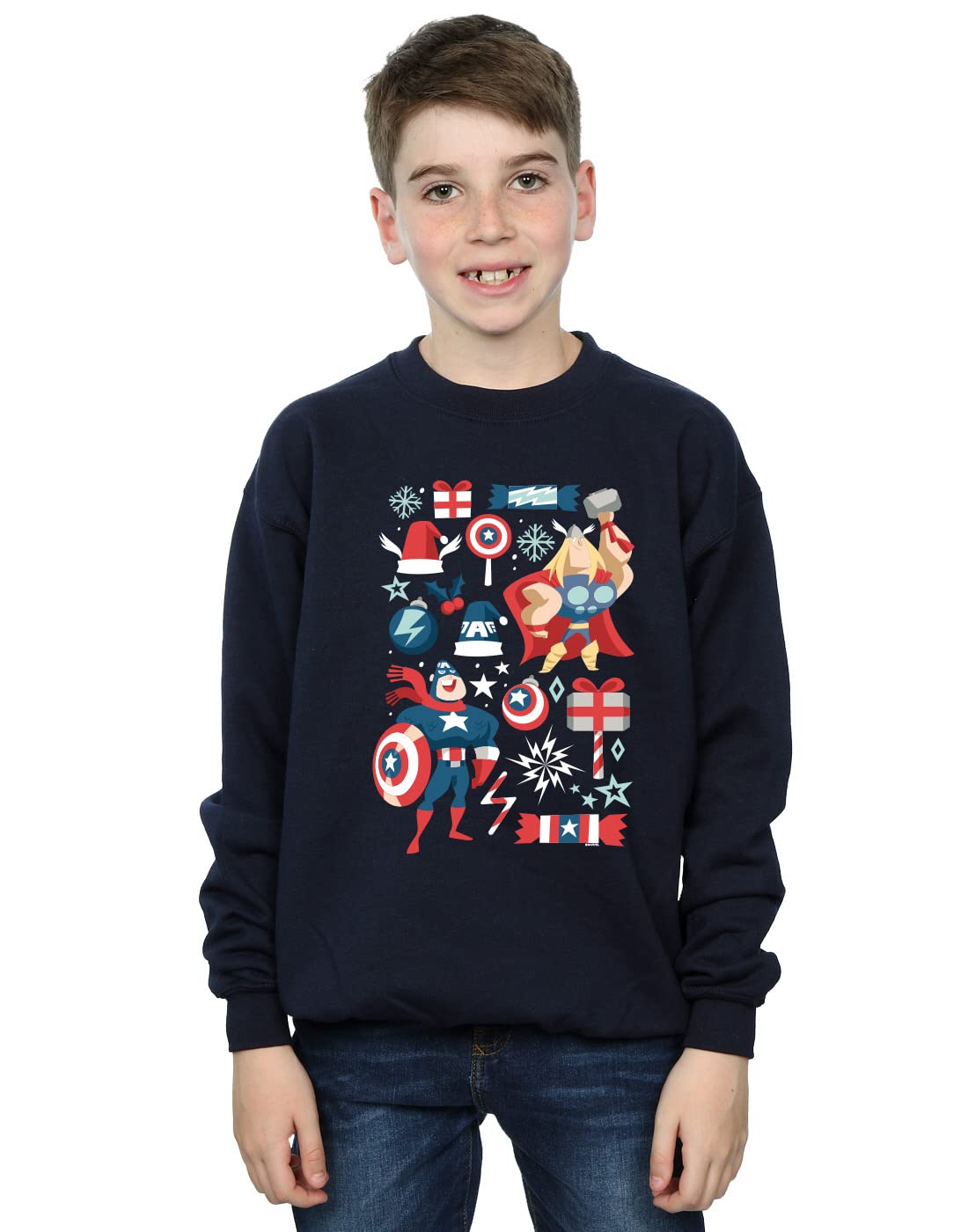 Absolute Cult Boys Navy Blue Marvel Thor And Captain America Christmas Day Sweatshirt 5-6 Years