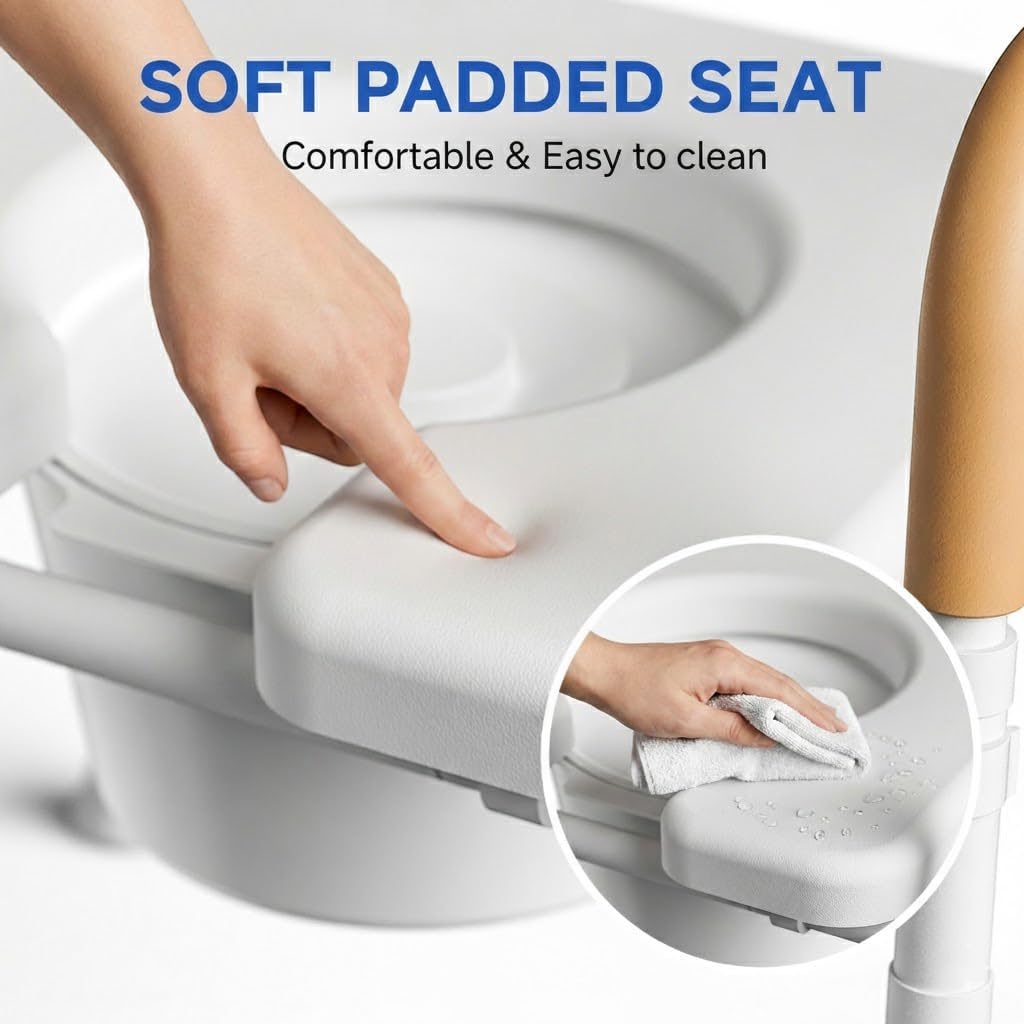 3-in-1 Bedside Commode for Seniors | 350 lbs Heavy Duty Iron Commode Chair with Padded Arms & Seat, Sturdy Toilet Safety Frame & Raised Toilet Seat, Height Adjustable, Bucket, Splash Guard
