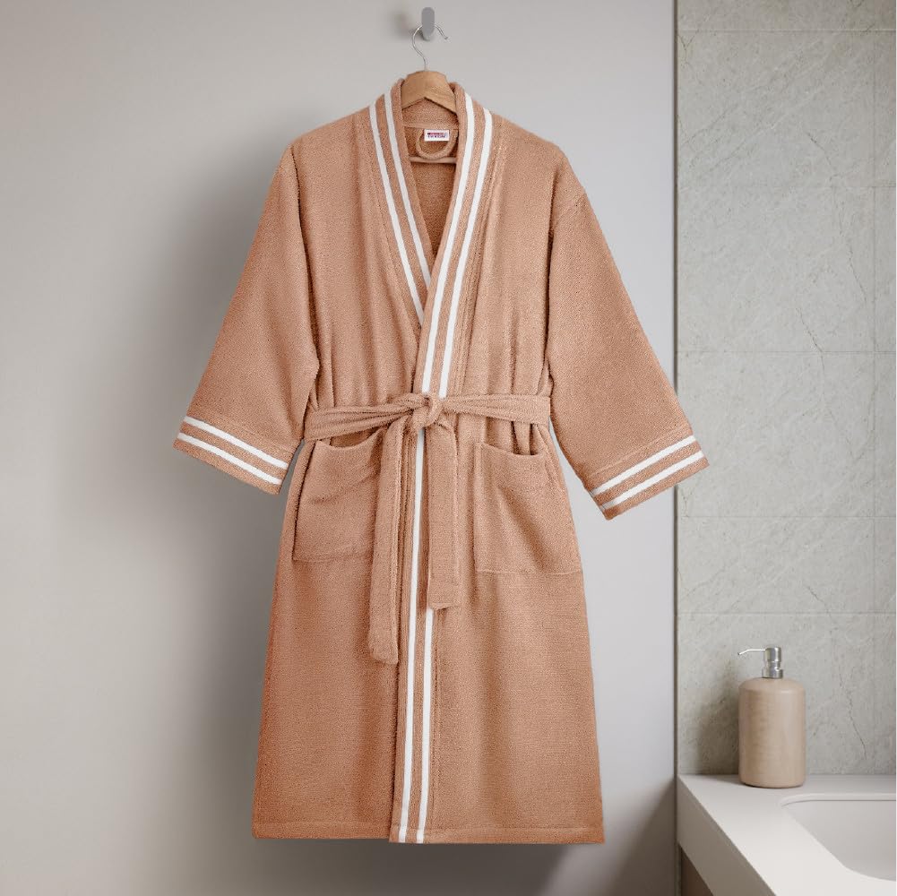 Spaces Airsoft 100% 100% Cotton 300 GSM Dobby Plain Medium Bath Robe | Super Soft, Breathable & Quick Dry - Light Brown-picture-25